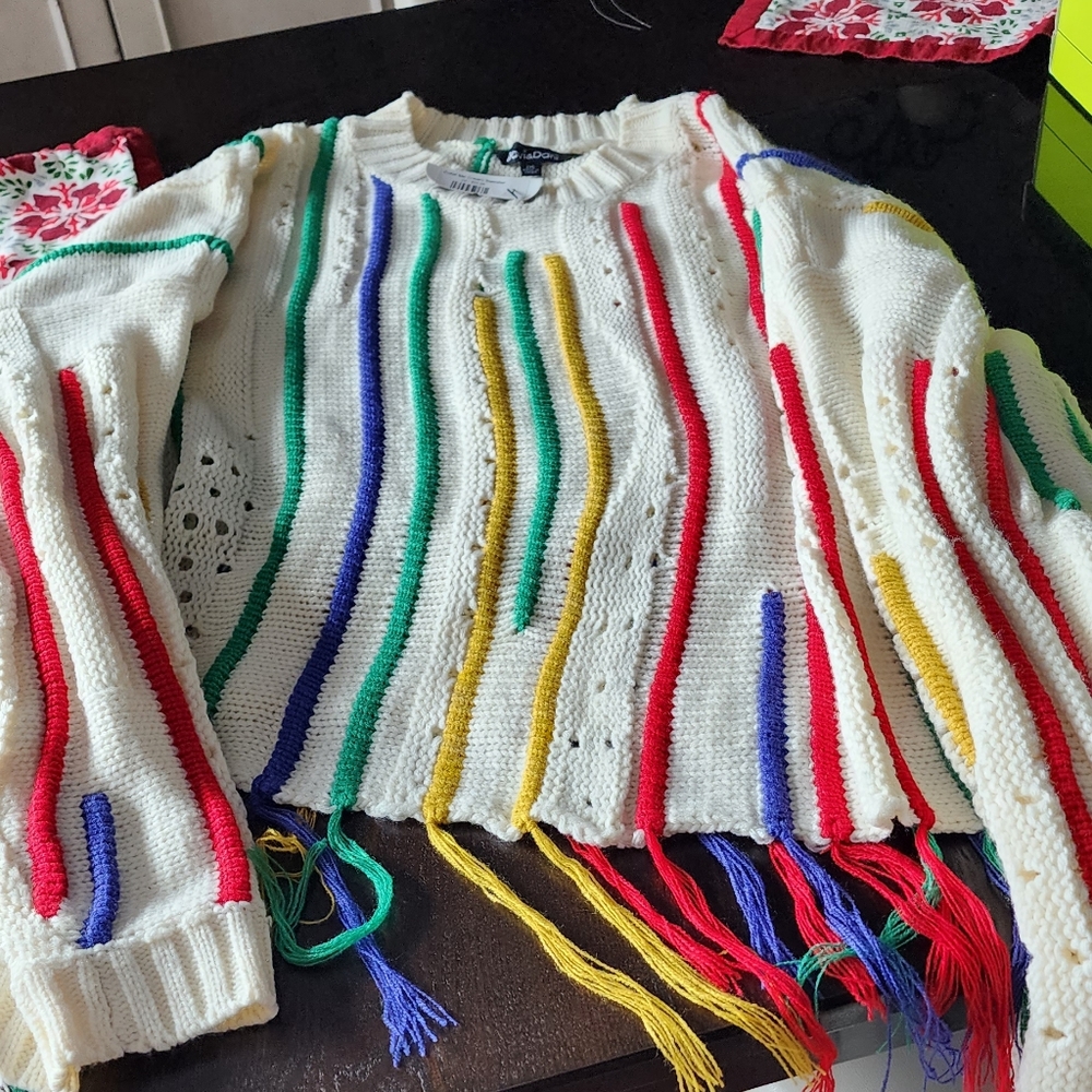 Cream Sweater Featuring Multi-Colored Thread Stripes Mixed with Textured Fringe